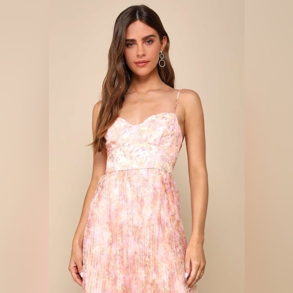 NWOT Lulus Finest Endeavor Blush Pink Floral Pleated Bustier Midi Dress - Picture 5 of 8